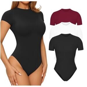 3 Pack Women's Short Sleeve Bodysuit Crew Neck Fitted Stretchy T-shirt Size S